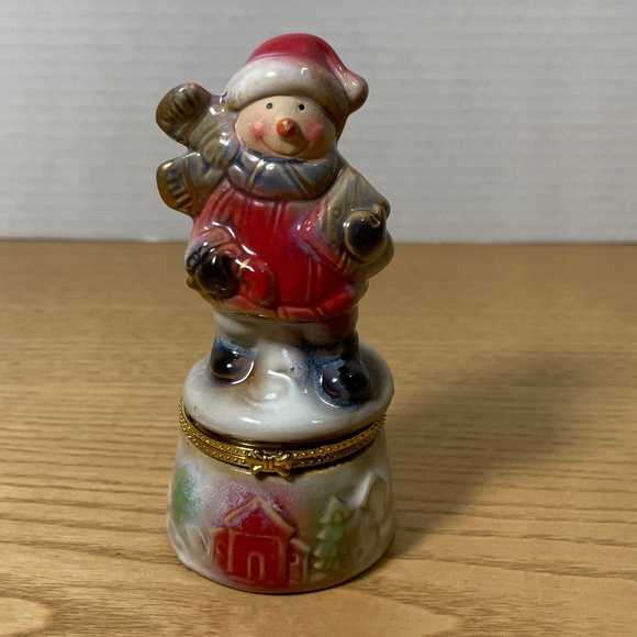 Porcelain Snowman w Song Book Bible Christmas Trinket Ring Box Hinged w Gold - Picture 1 of 8